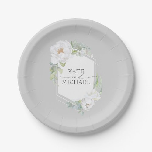 White Floral Greenery Geometric Frame Wedding Paper Plates