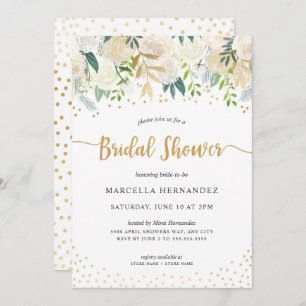 White Floral Greenery Gold Bridal Shower Invitation