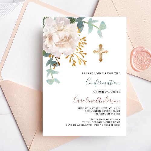 White floral greenery gold cross confirmation invitation