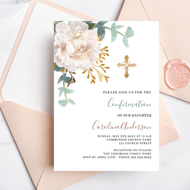 White floral greenery gold cross confirmation invitation (Creator Uploaded)