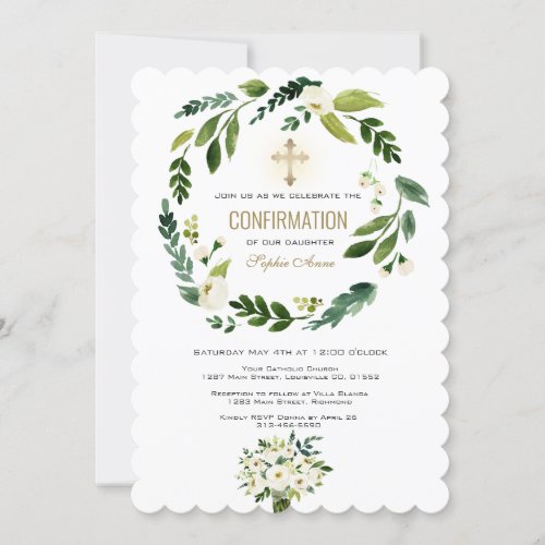 White Floral Greenery Gold Cross Confirmation Invitation