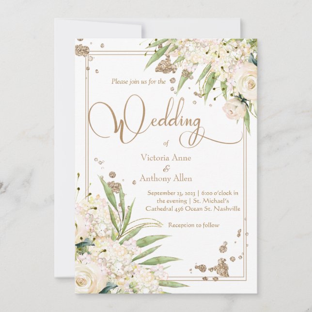 White  Floral Greenery Gold Elegant Wedding Invitation (Front)