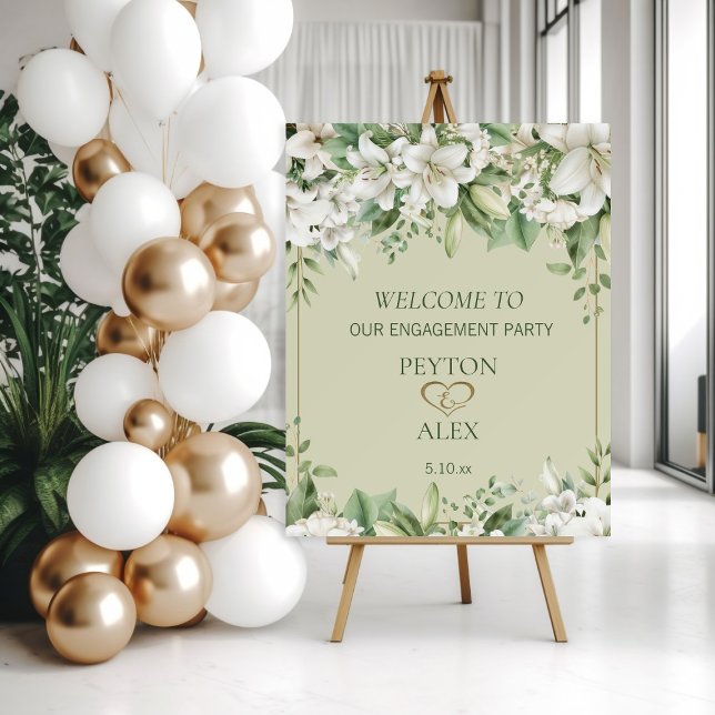 White Floral Greenery Gold Engagement  Foam Board (Elegant white watercolor floral and greenery engagement party "Welcome" sign.)