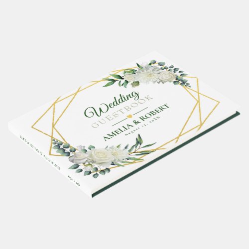 White Floral Greenery Gold Frame Guest Book