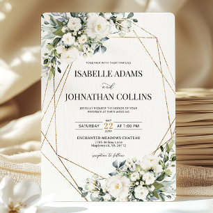 White Floral Greenery Gold Geometric Frame Wedding Invitation