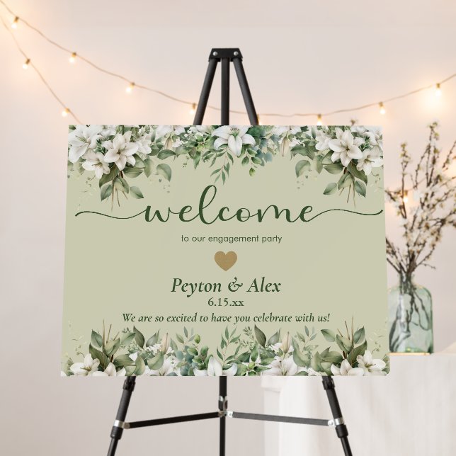 White Floral Greenery Gold Heart Engagement Foam Board (In Situ (Stand))