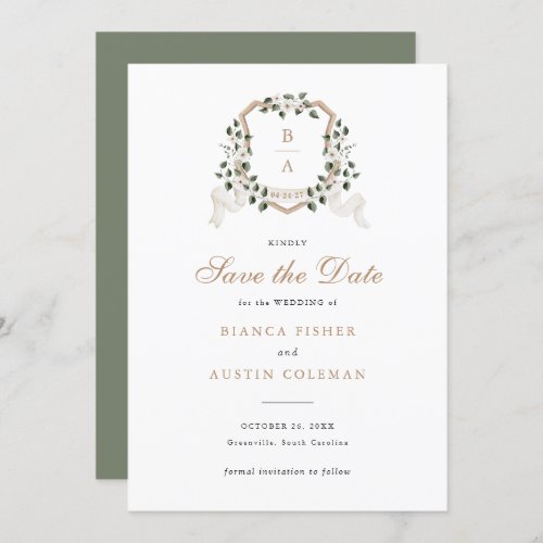 White Floral Greenery Ivy Crest Wedding Save Date Invitation