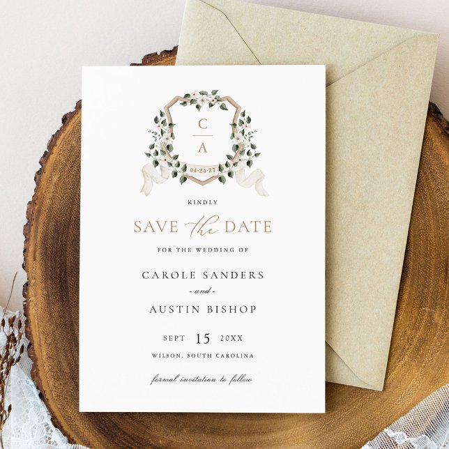 White Floral Greenery Ivy Crest Wedding Save Date Invitation (Creator Uploaded)