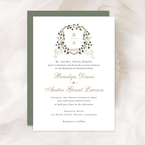 White Floral Greenery Ivy Monogram Crest Wedding Invitation