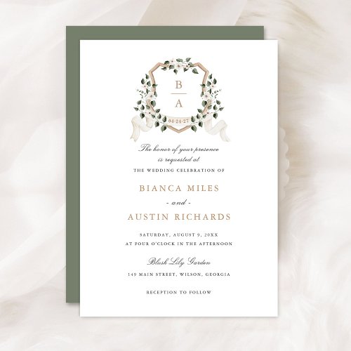 White Floral Greenery Ivy Monogram Crest Wedding Invitation