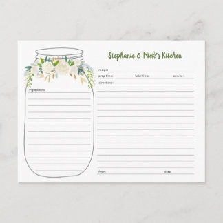 White Floral Greenery Mason Jar Recipe Cards