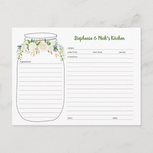 White Floral Greenery Mason Jar Recipe Cards