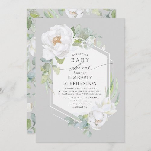White Floral Greenery Modern Elegant Baby Shower Invitation