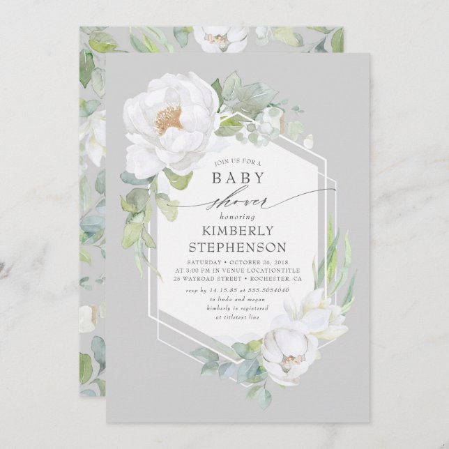 White Floral Greenery Modern Elegant Baby Shower Invitation (Front/Back)