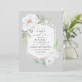 White Floral Greenery Modern Elegant Baby Shower Invitation (Standing Front)
