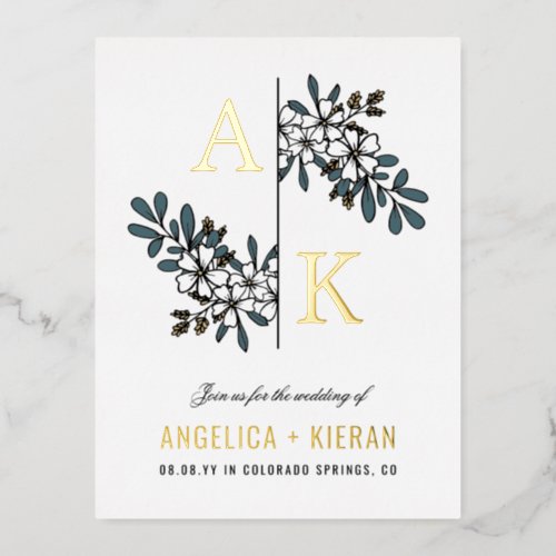 White Floral Greenery Monogram Wedding Gold Foil Invitation Postcard