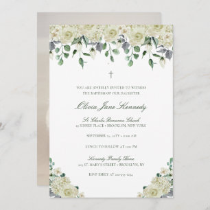 White Floral & Greenery Photo Baptism Invitation
