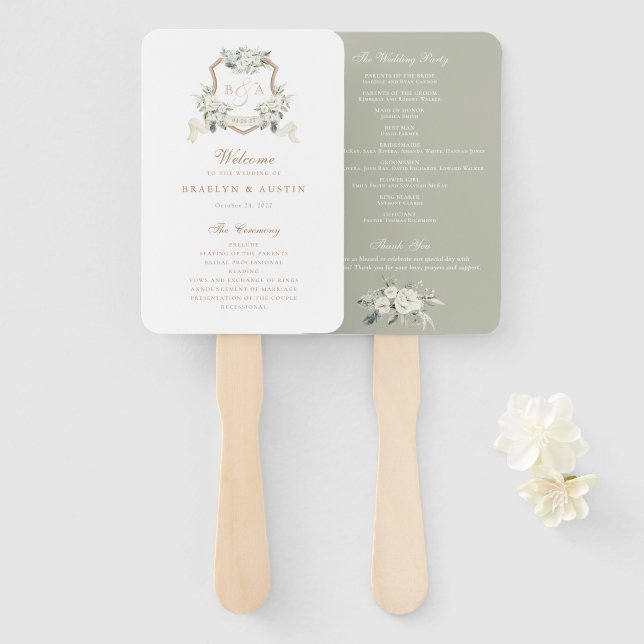 White Floral Greenery Sage Monogram Crest Wedding  Hand Fan (Front and Back)