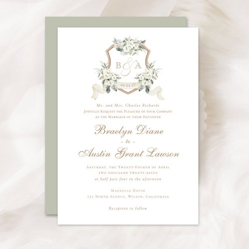 White Floral Greenery Sage Monogram Crest Wedding Invitation