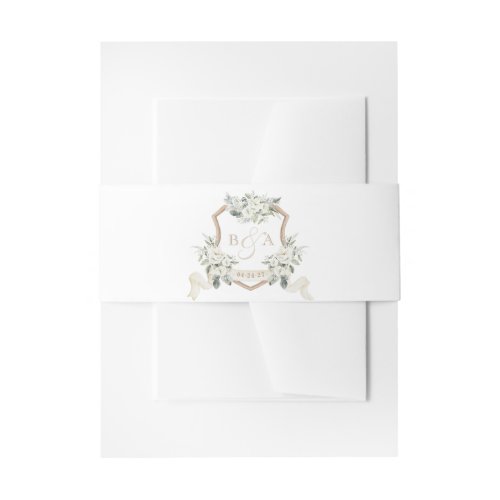 White Floral Greenery Sage Monogram Crest Wedding Invitation Belly Band