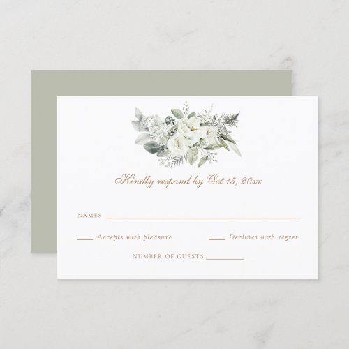 White Floral Greenery Sage Wedding RSVP Card