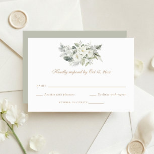 White Floral Greenery Sage Wedding RSVP Card