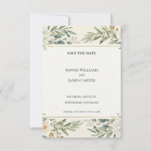 White Floral Greenery Save The Date Card