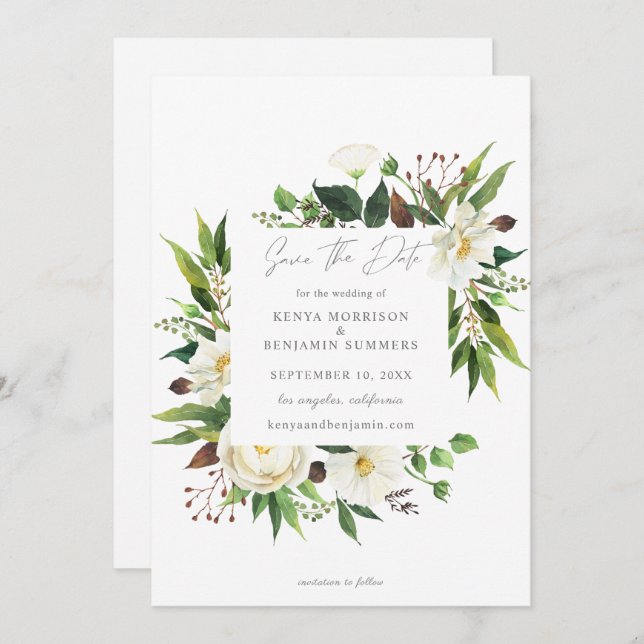 White Floral & Greenery Save the Date Invitation (Front/Back)