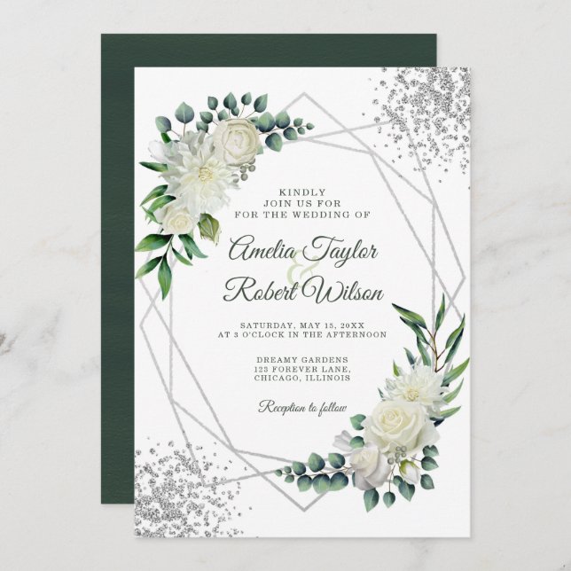 White Floral Greenery Silver Frame Invitation (Front/Back)