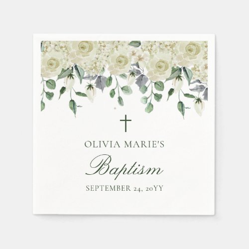 White Floral Greenery Simple Modern Baptism  Napkins