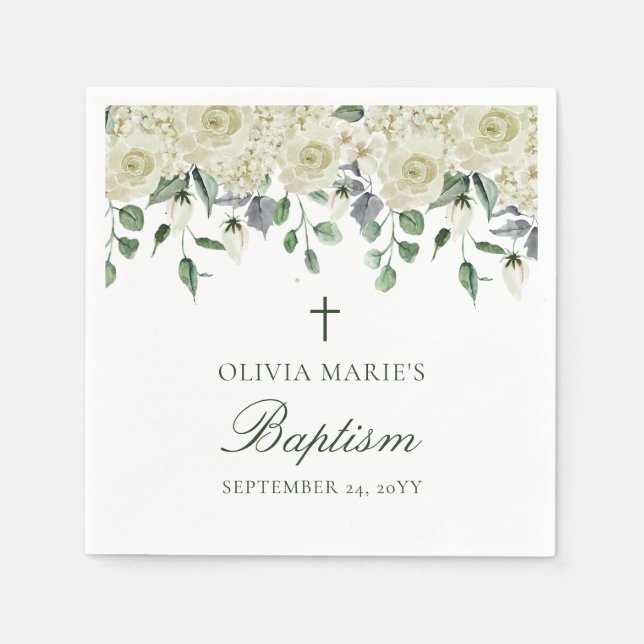 White Floral Greenery Simple Modern Baptism  Napkins (Front)