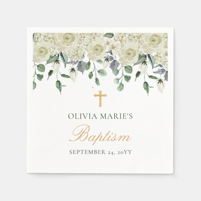 White Floral Greenery Simple Modern Baptism Napkins (Front)