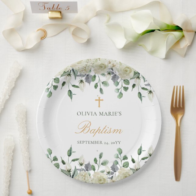 White Floral Greenery Simple Modern Baptism Paper Plates (Wedding)