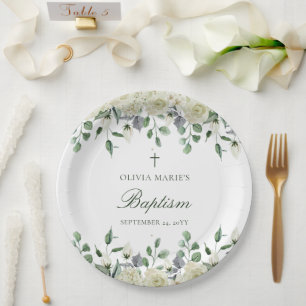 White Floral Greenery Simple Modern Baptism Paper Plates