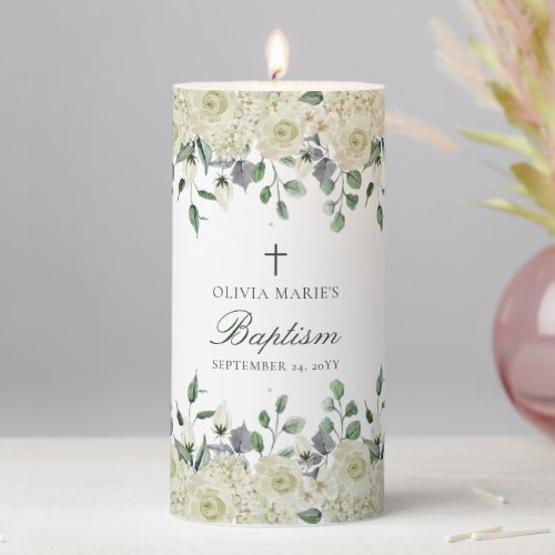 White Floral Greenery Simple Modern Baptism Pillar Candle
