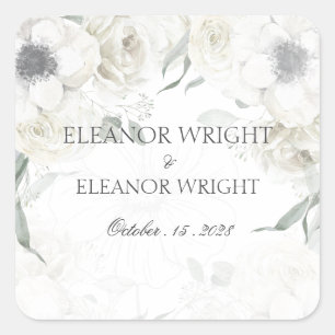 White Floral Greenery Square Wedding Favor Sticker