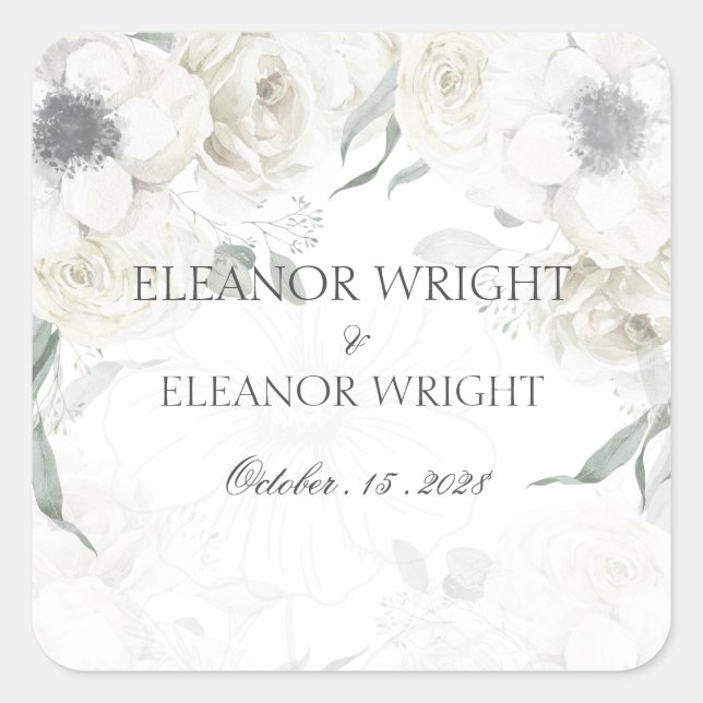 White Floral Greenery Square Wedding Favor Sticker (Front)