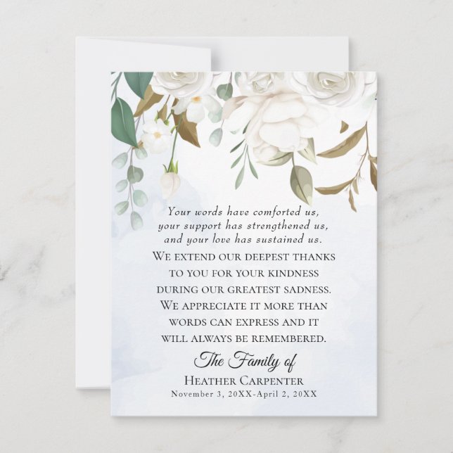 White Floral Greenery Sympathy Thank You Note Card (Front)