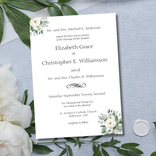 White Floral Greenery Traditional Formal Wedding Invitation