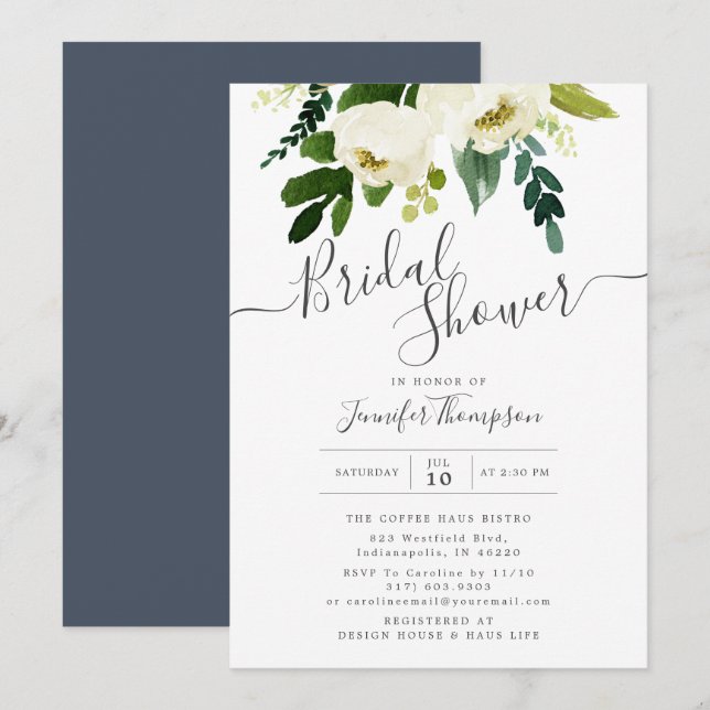 White Floral & Greenery Watercolor Bridal Shower Invitation (Front/Back)