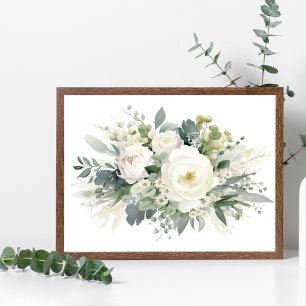 White Floral Greenery Watercolor Wall Art Poster