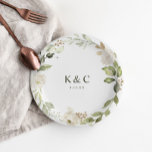 White Floral Greenery Wedding Bridal Shower Paper Plates<br><div class="desc">Bridal shower plates or dessert plates for weddings or engagement parties: Add a touch of elegance to your wedding desserts,  bridal shower,  or engagement party with these personalized paper plates. Featuring a chic greenery and white floral design with customizable initials and date,  they’re perfect for celebrating in style!</div>