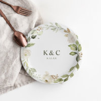 White Floral Greenery Wedding Bridal Shower Paper Plates