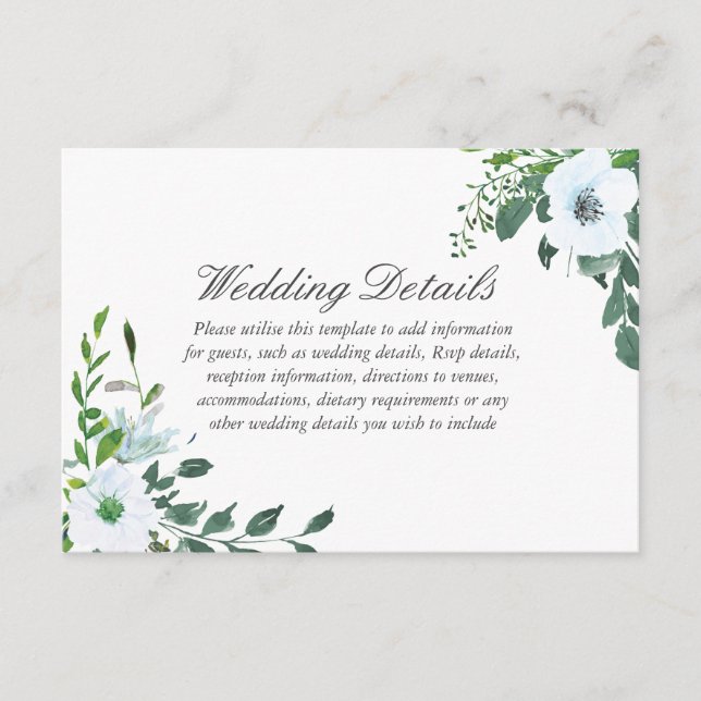White Floral Greenery Wedding Details Reception Enclosure Card (Front)