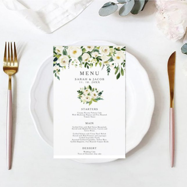 White Floral Greenery Wedding Menu (Creator Uploaded)