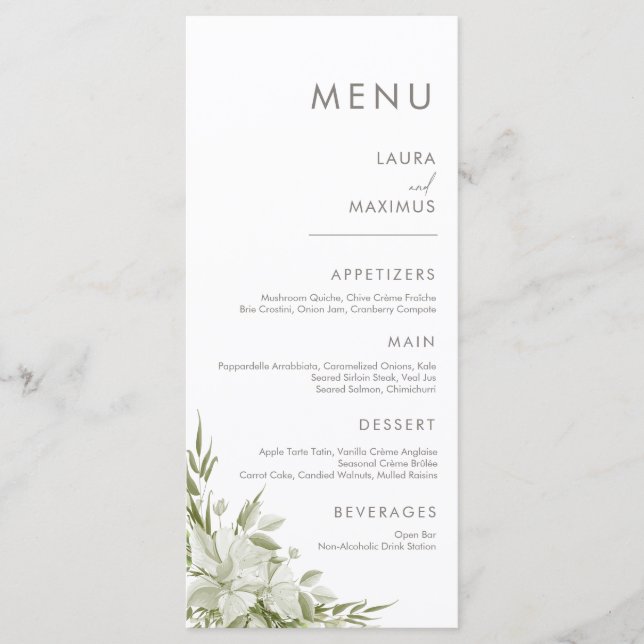 White Floral Greenery Wedding Menu (Front)