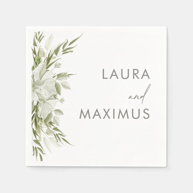 White Floral Greenery Wedding Napkins (Front)