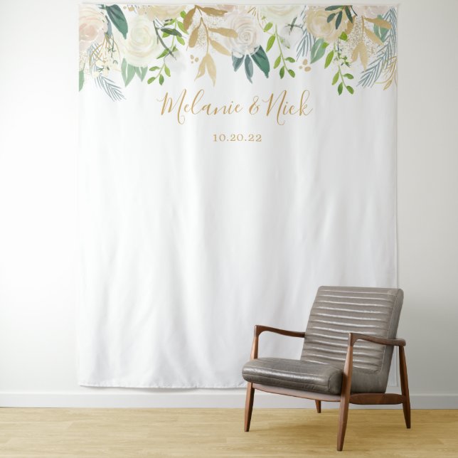 White Floral Greenery wedding photo backdrop (In Situ)