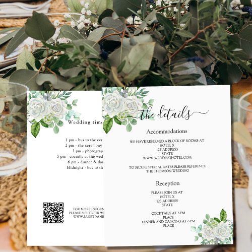White floral greenery wedding program details QR