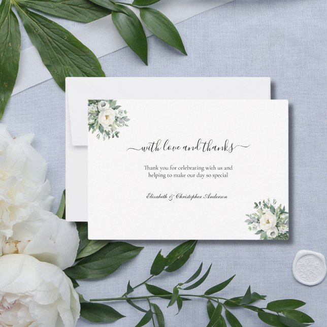White Floral Greenery With Love and Thanks Wedding Thank You Card (White Watercolor Florals and Greenery Wedding Thank you card. Elegant and Formal)